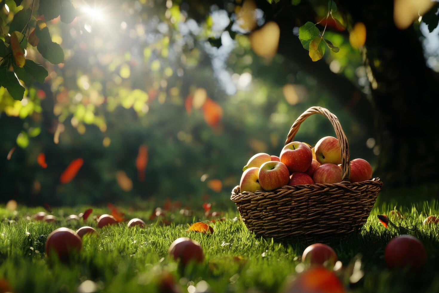 Autumn Harvest With a Basket of Apples Surrounded by Falling Leaves in a Sunlit Orchard. photo