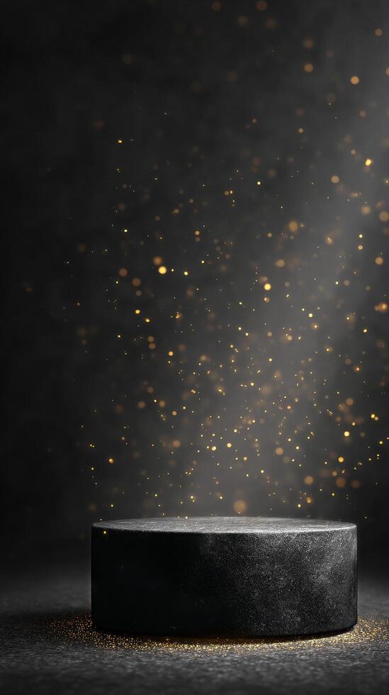Illuminated Black Pedestal With Golden Particles Floating in Dark Space photo