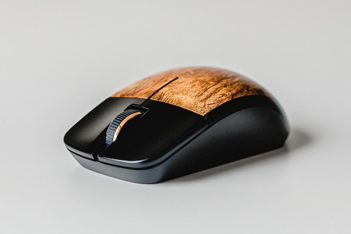 Unique Wooden Design of a Computer Mouse Resting on a Gray Background in a Minimalistic Setting photo