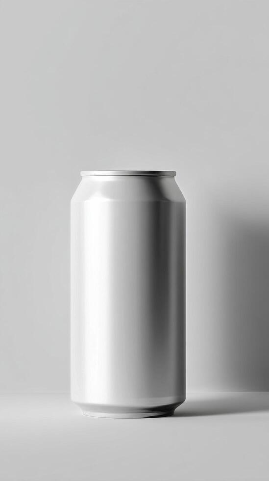 Blank Aluminum Can Displayed on a Light Gray Surface With Soft Shadows photo