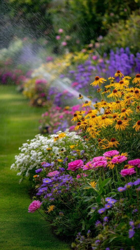Colorful Garden Filled With Vibrant Flowers and Gentle Sprinklers in a Serene Setting photo
