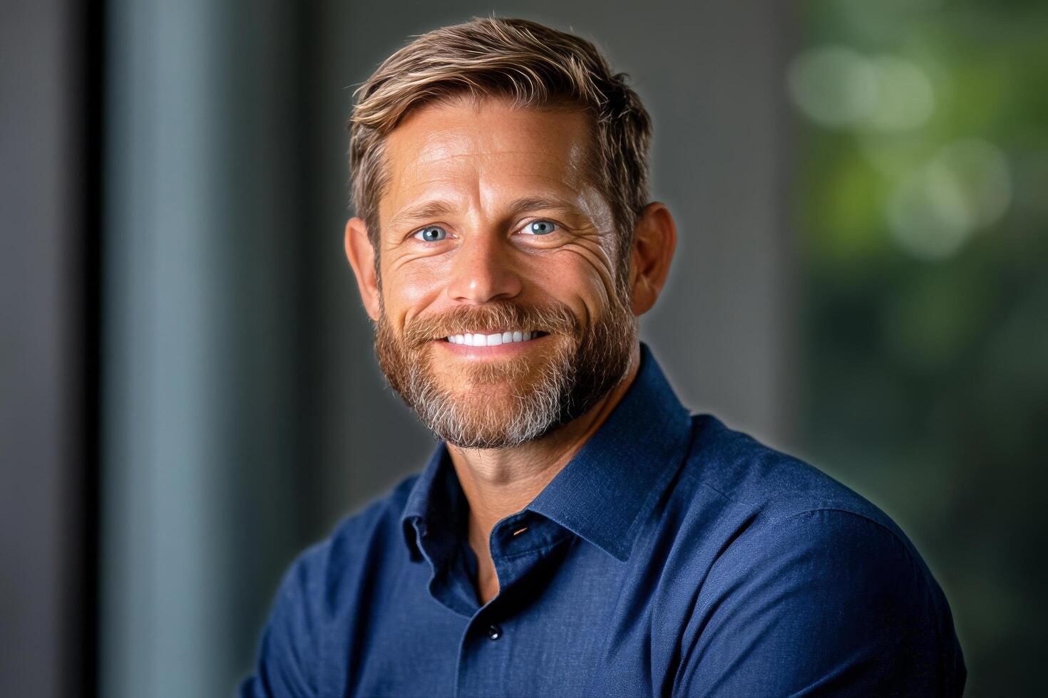 Smiling Man With Beard Posing Indoors With Natural Light in Background photo