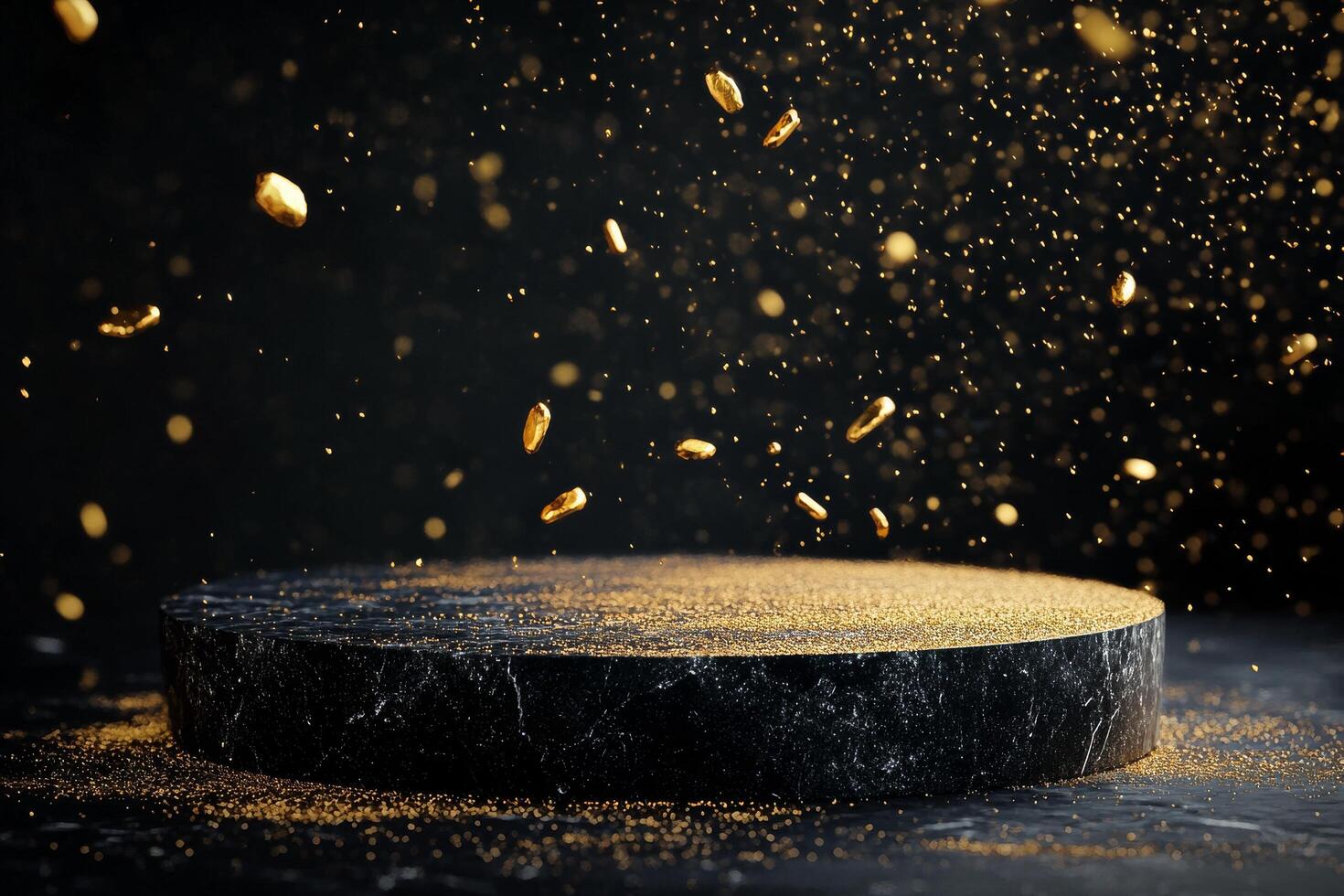 Golden Particles Hover Above a Dark Stone Surface in a Mystical Forest Setting During Daylight Hours. photo