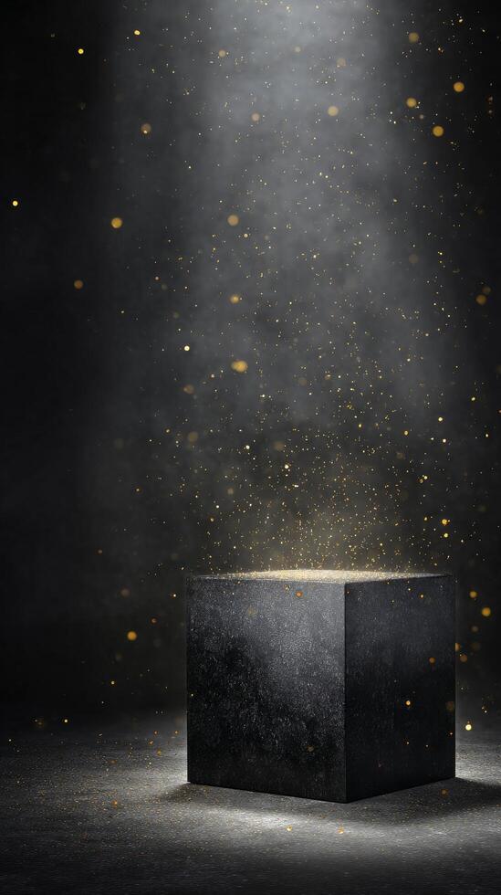 Illuminated Black Pedestal With Golden Particles Floating in Dark Space. photo