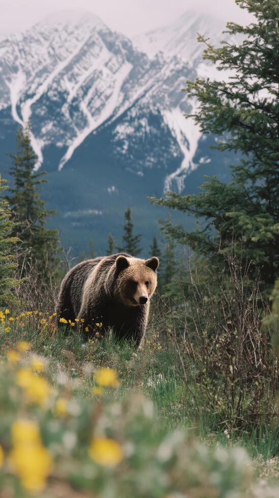 Brown Bear Roaming Through Wildflowers Near Snowy Mountains in Springtime Scenery photo