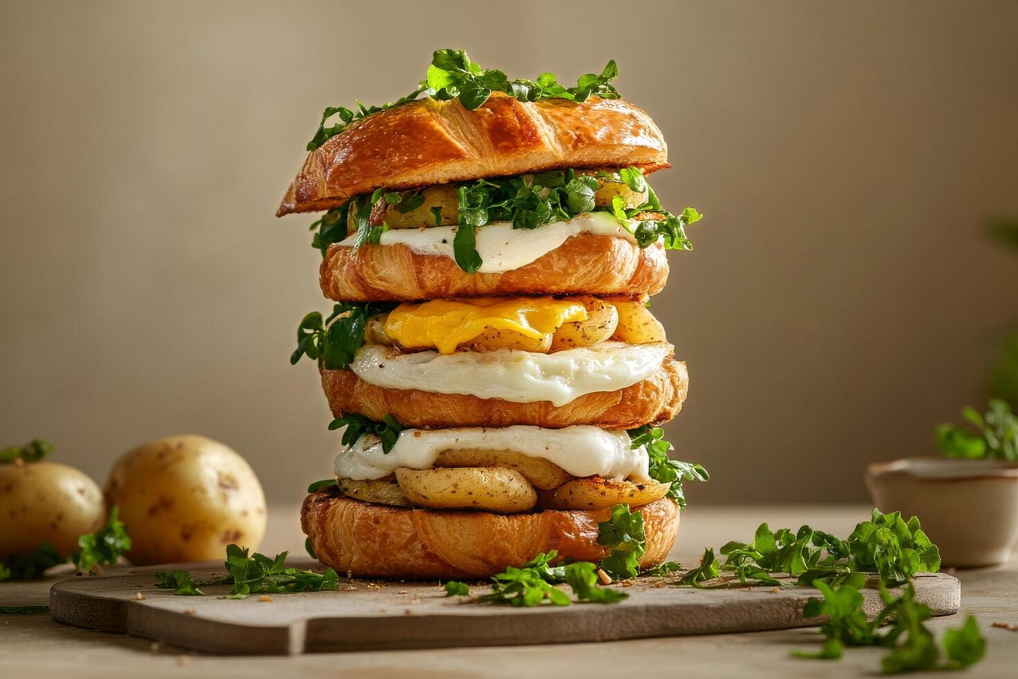 Delicious Stacked Breakfast Croissants With Eggs and Greens on a Wooden Board photo
