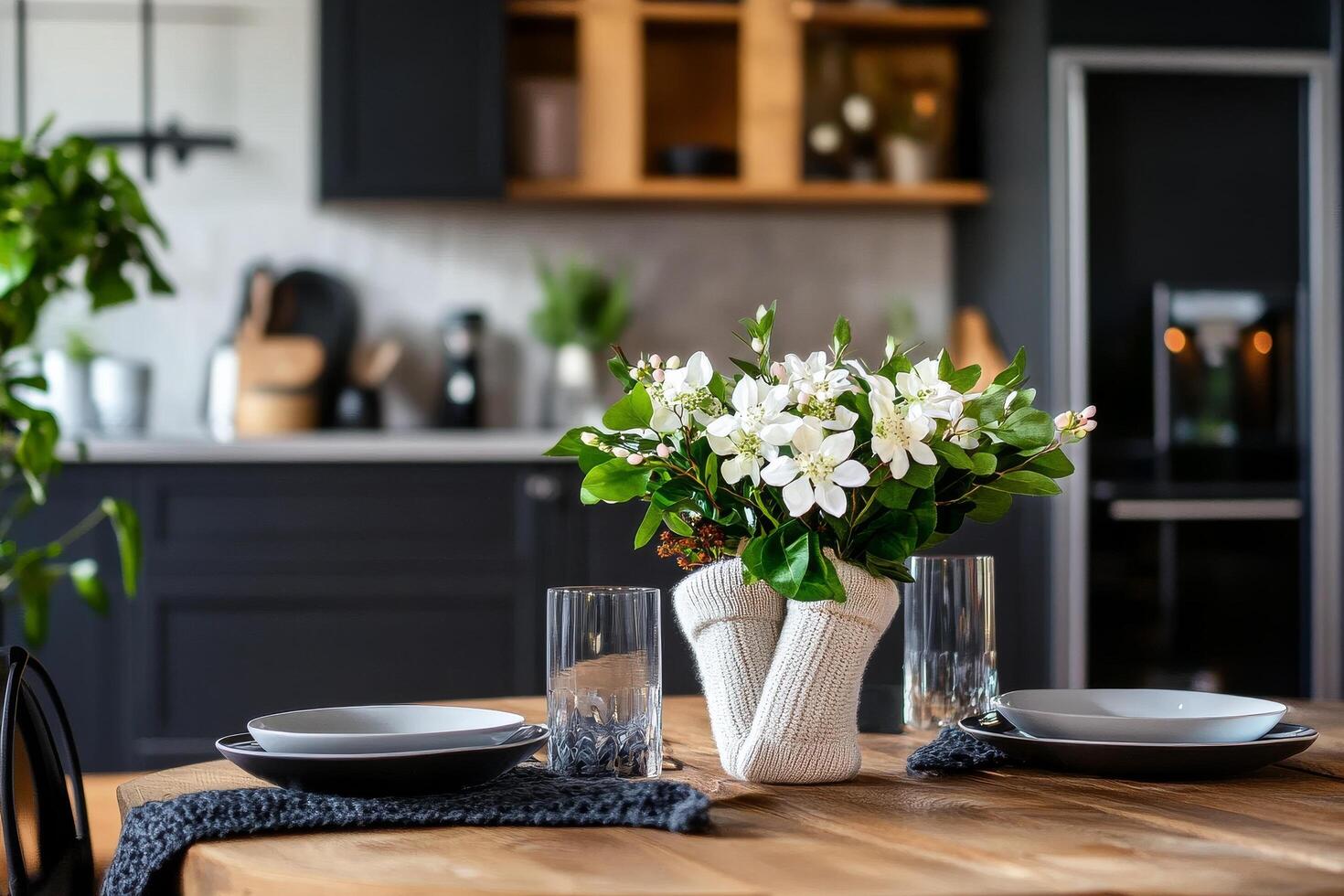 Elegant Dining Setup With Floral Arrangement in a Modern Kitchen Atmosphere photo