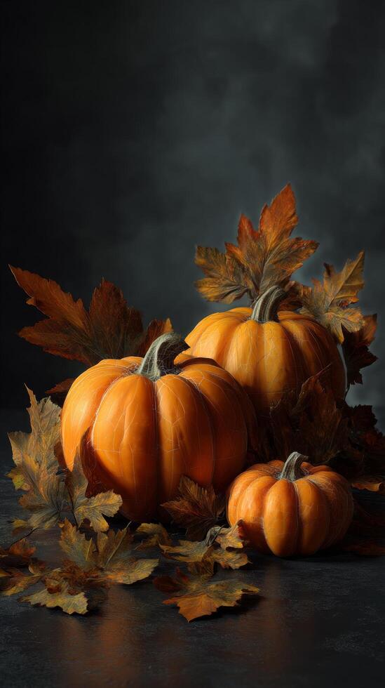 Vibrant Orange Pumpkins Surrounded by Autumn Leaves Showcase Seasonal Beauty in a Dark Setting photo