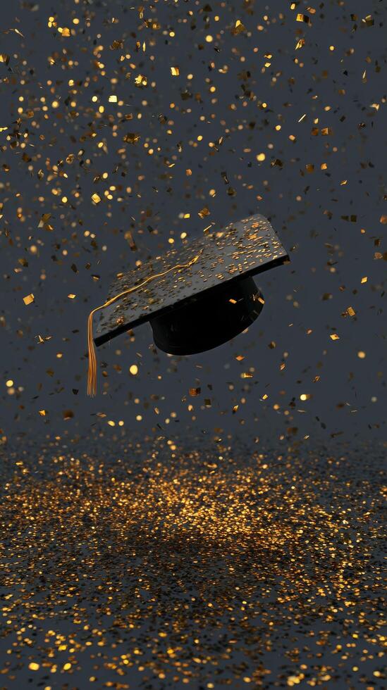 Graduation Cap Floating Above Shimmering Gold Confetti During a Celebratory Event photo
