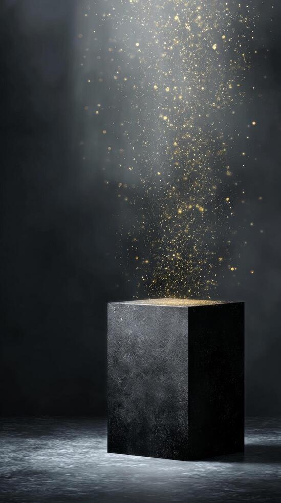 Mystical Cube Emanating Sparkling Particles in Dimly Lit Environment. photo