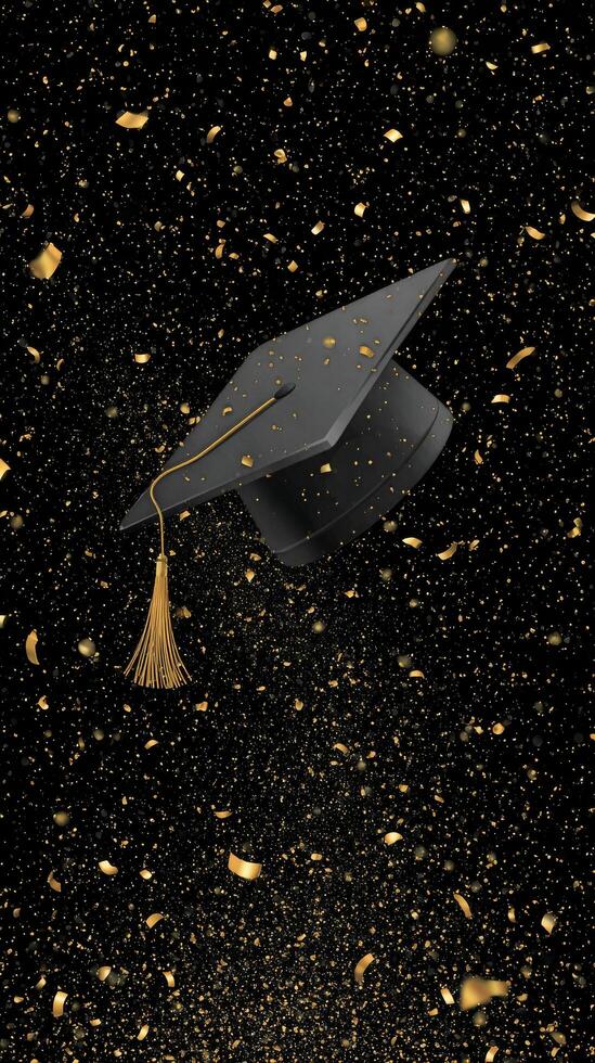 Graduation Cap With Gold Confetti Floating in Dark Background Celebrates Achievement and Success photo