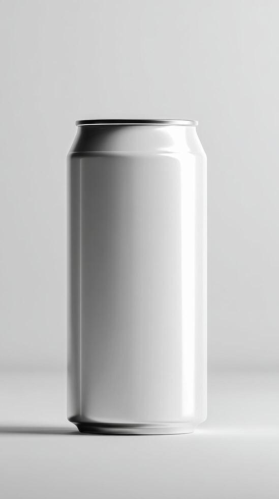 Blank Aluminum Can Displayed on a Light Gray Surface With Soft Shadows. photo