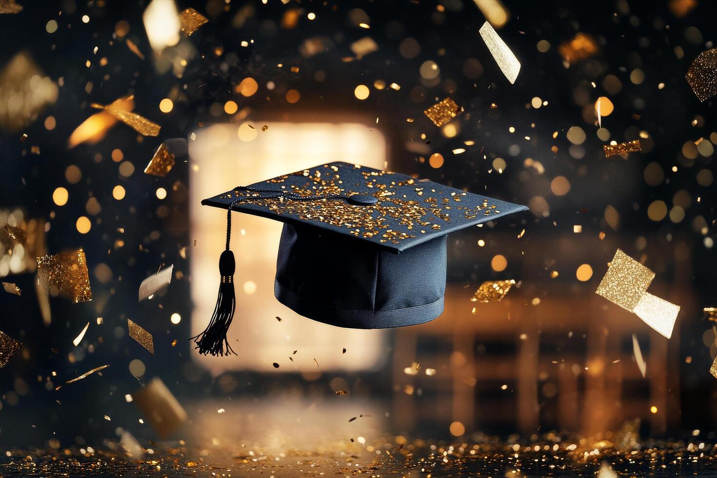 Graduation Cap Celebrating Achievement With Golden Confetti in a Festive Atmosphere photo