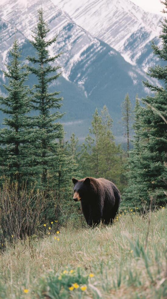 Grizzly Bear Roaming Through Lush Greenery in Mountain Landscape Surrounded by Snow-Capped Peaks. photo