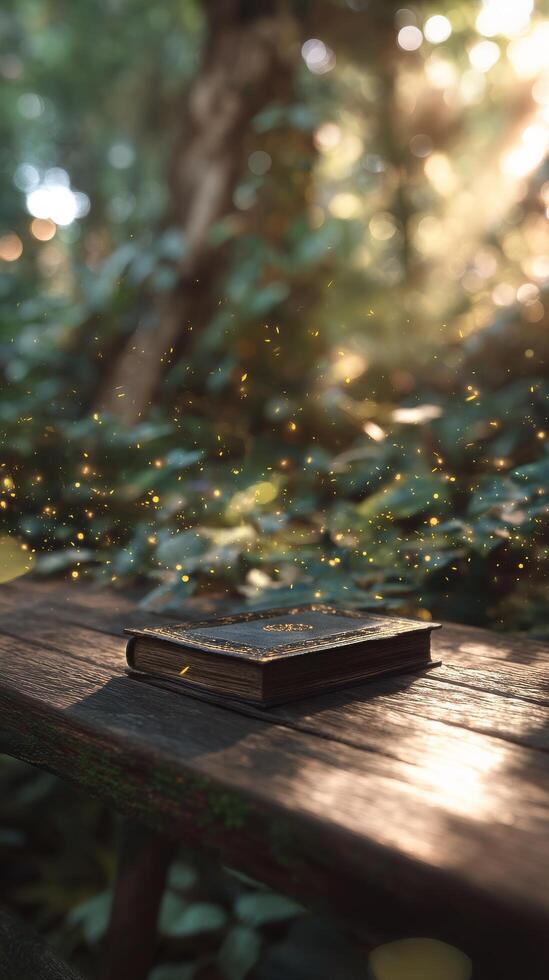 Sunlight Filtering Through Trees Highlights a Notebook on a Wooden Table in a Lush Forest. photo