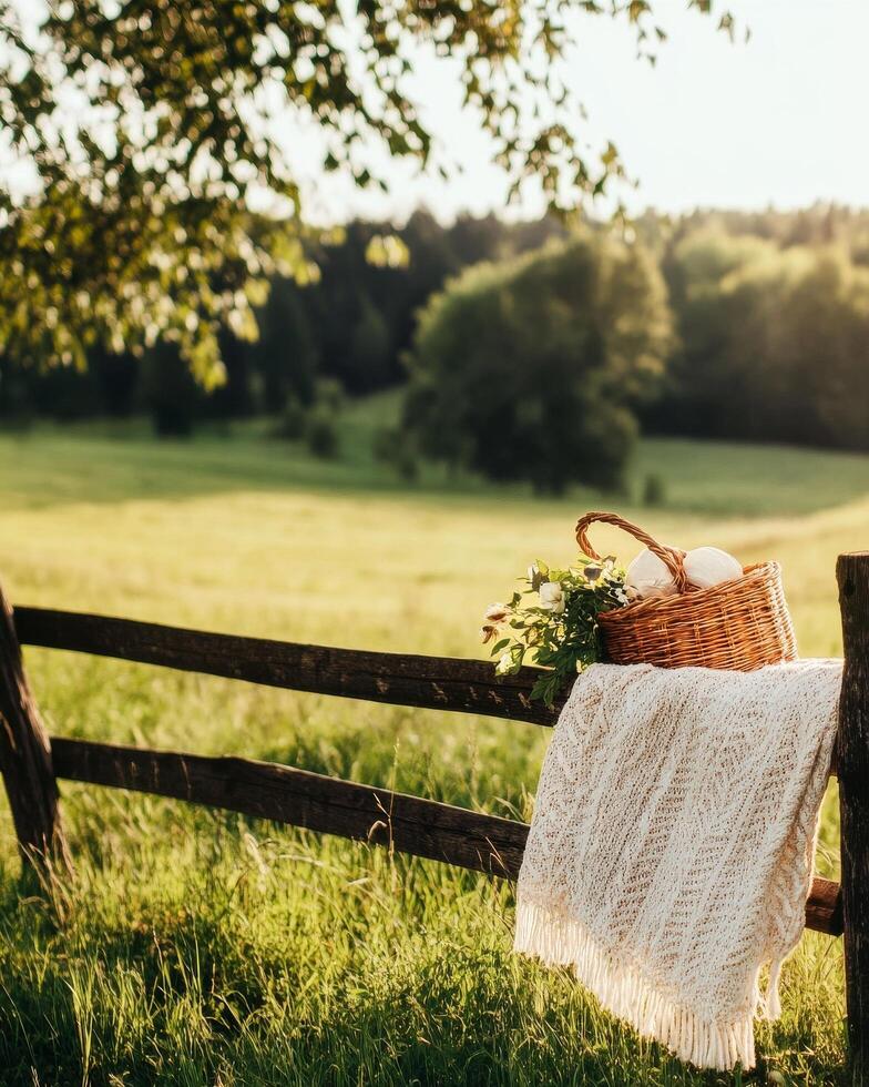 Bask in the Tranquility of a Sunny Field With a Rustic Basket and Cozy Blanket in a Serene Countryside photo
