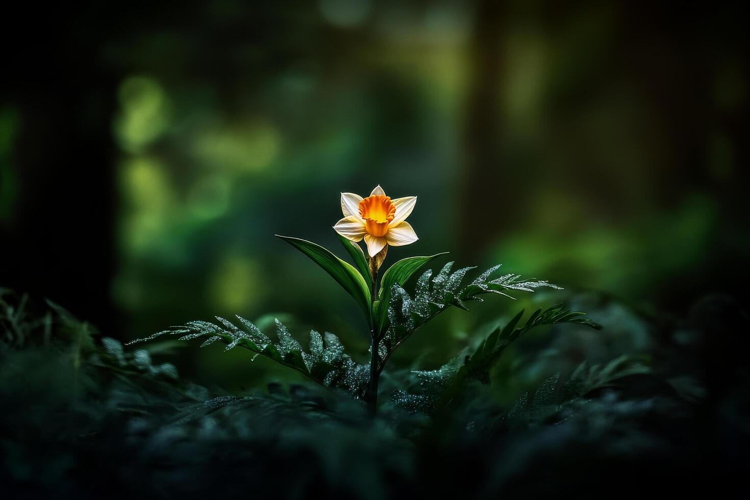 Bright Yellow Daffodil Blooms Surrounded by Lush Green Foliage in a Tranquil Garden Setting. photo