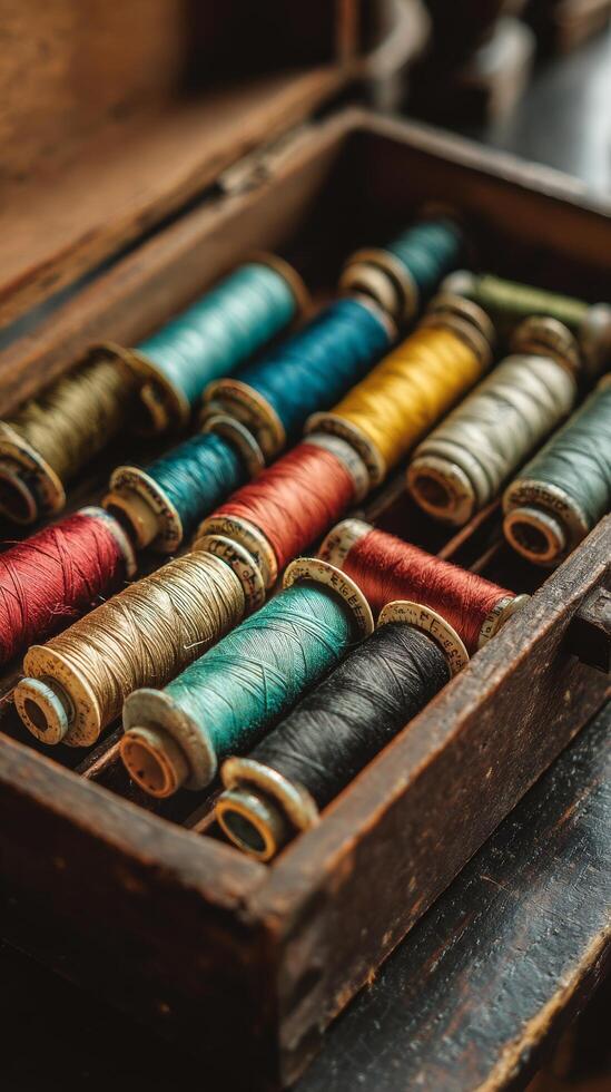 Colorful Spools of Thread Arranged Neatly in a Vintage Wooden Box During Daylight. photo