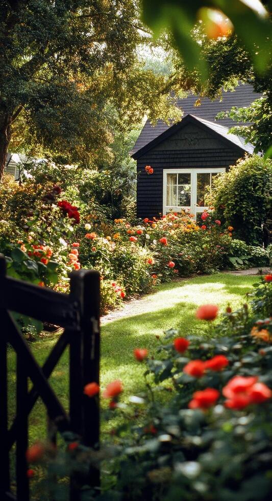 Lush Garden Pathway Leading to a Cozy Black Cottage Surrounded by Blooming Flowers in Afternoon Light photo