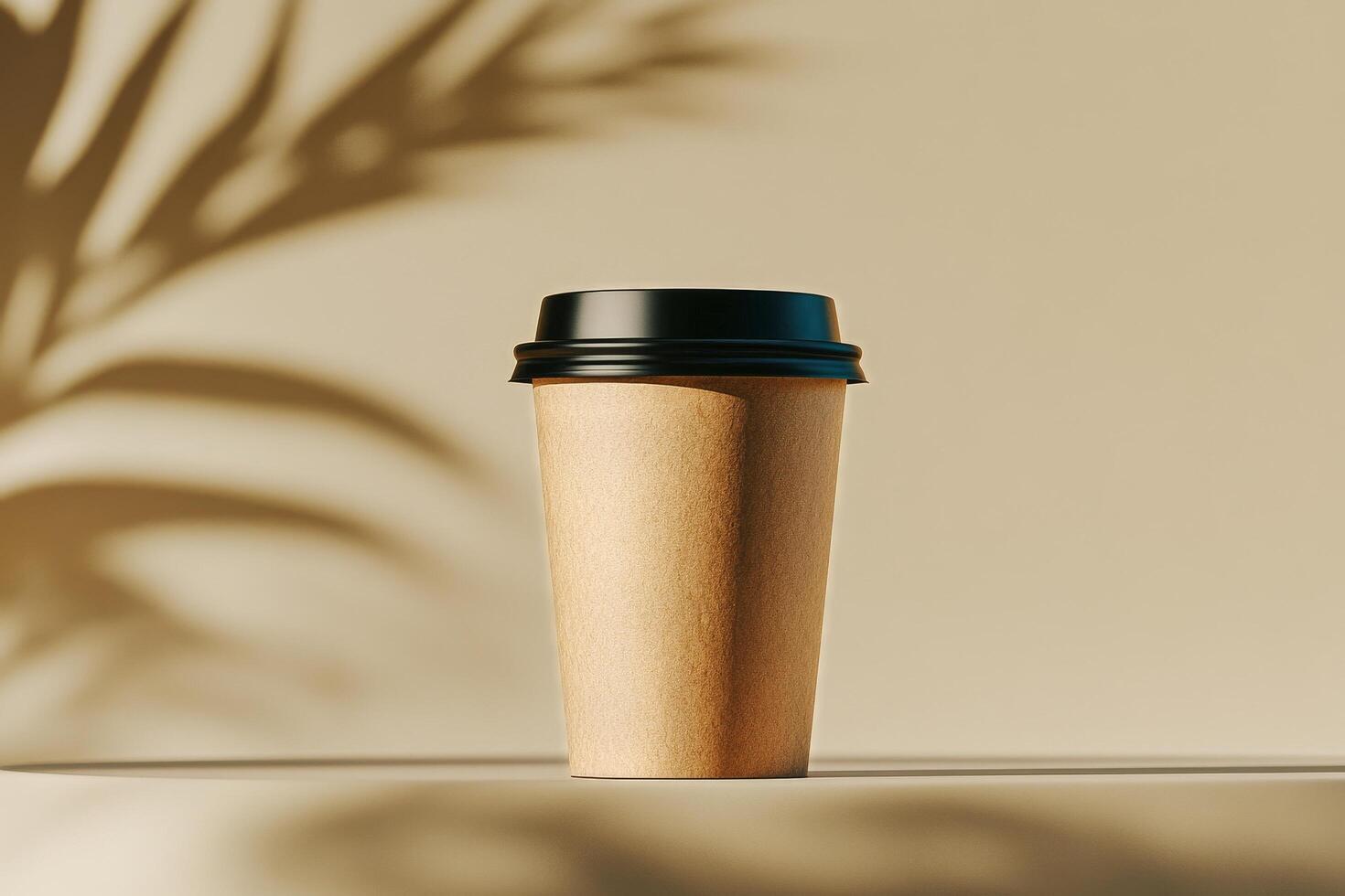 Coffee Cup With a Black Lid on a Minimalistic Surface With a Palm Shadow in the Background at Morning Light photo