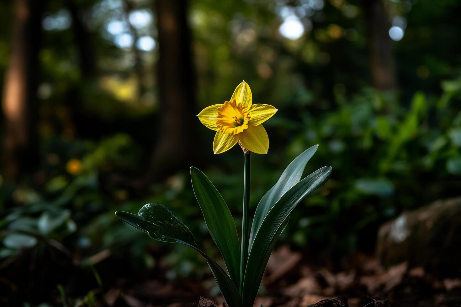Bright Yellow Daffodil Blooming in a Lush Garden During Springtime. photo