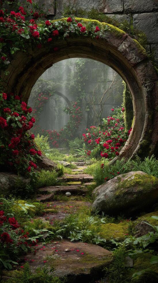 Mysterious Garden With Stone Archway Surrounded by Blooming Roses and Misty Atmosphere. photo