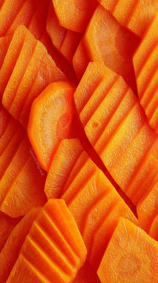 Freshly Sliced Carrots Stacked Beautifully for a Vibrant Display at a Local Market. photo