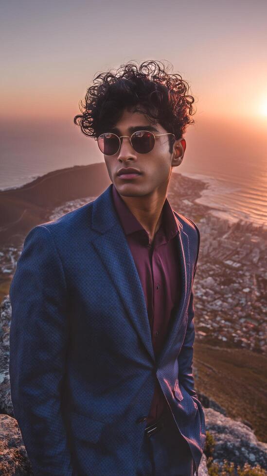 Stylish Man in Suit Enjoying Sunset View Over City and Ocean From Mountain Peak photo