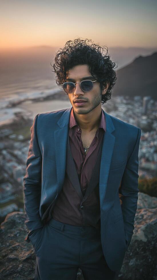 Stylish Man in Suit Enjoying Sunset View Over City and Ocean From Mountain Peak. photo
