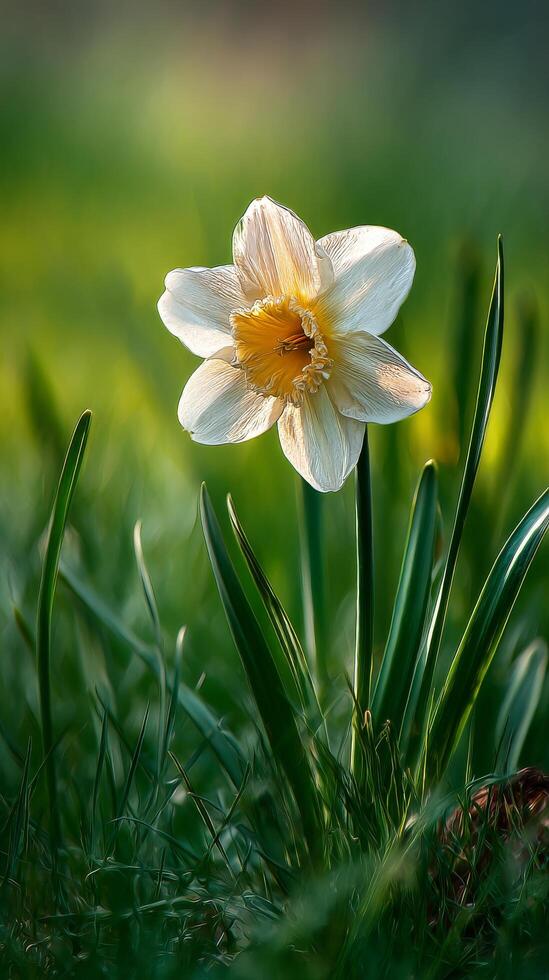 Beautiful Daffodils Blooming in a Misty Garden During Early Morning Light. photo