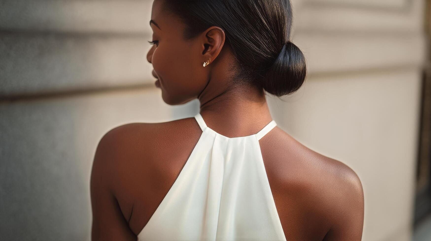 Elegant Model Showcasing Fashion Design in Minimalist Studio Setting During a Fashion Presentation. photo
