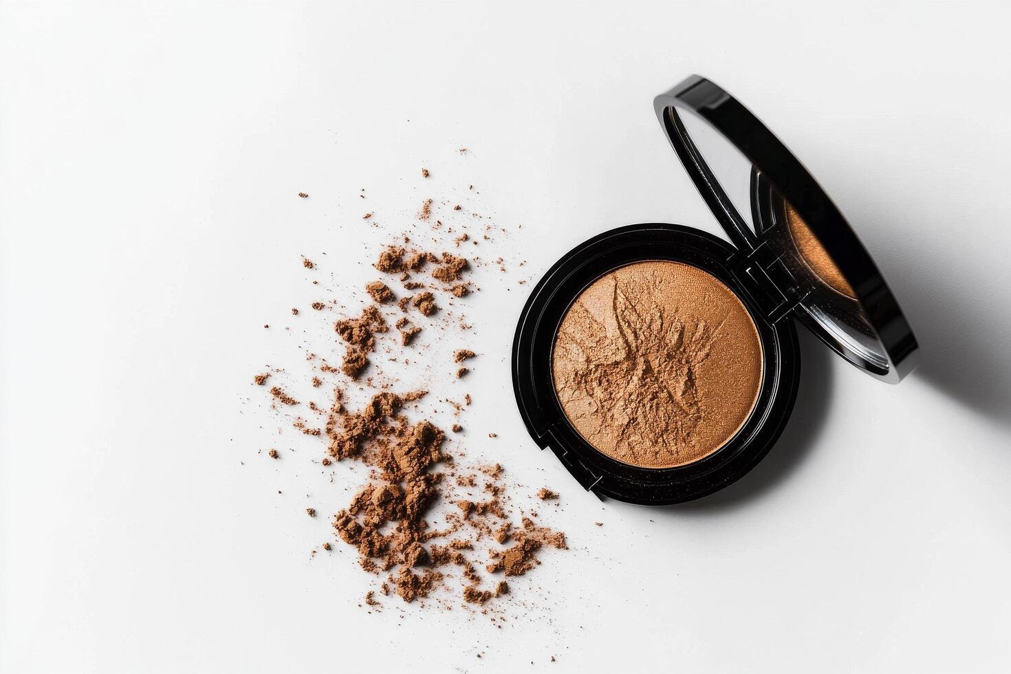Bronzer Compact With Scattered Powder on White Background During a Makeup Application Setup photo