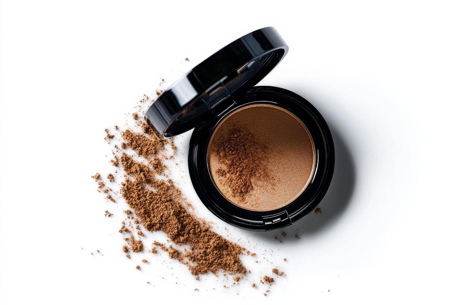 Bronzer Compact With Scattered Powder on White Background During a Makeup Application Setup. photo
