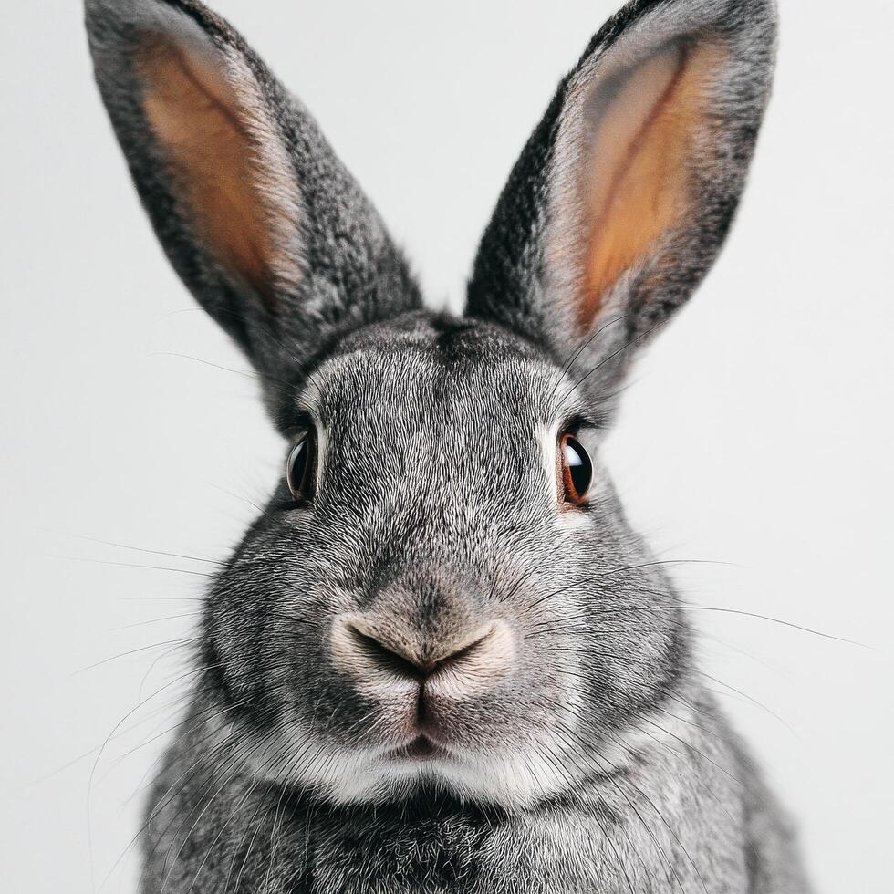 Cute Grey Rabbit With Big Ears Looking Directly at the Camera in a Studio Setting photo