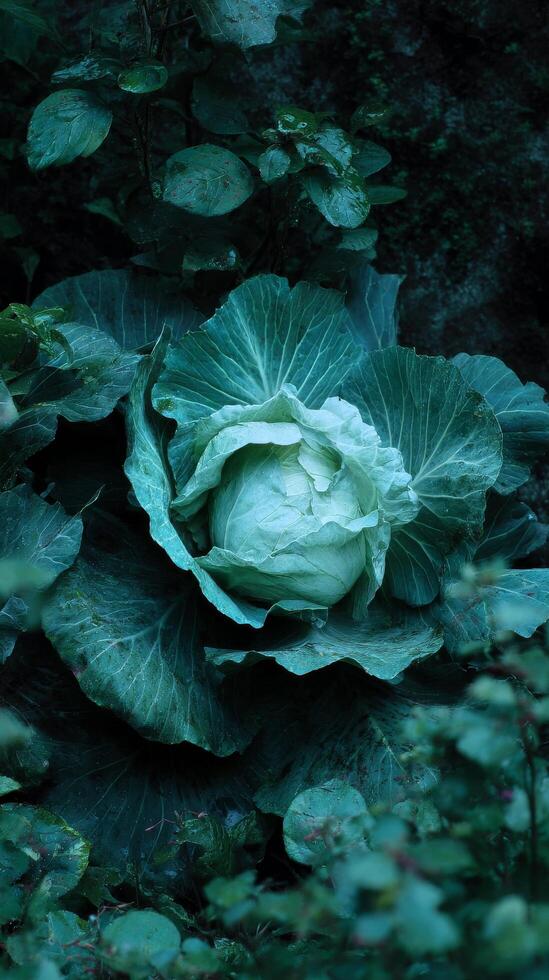 Fresh Green Cabbage Growing in a Lush Garden Surrounded by Vibrant Leaves photo