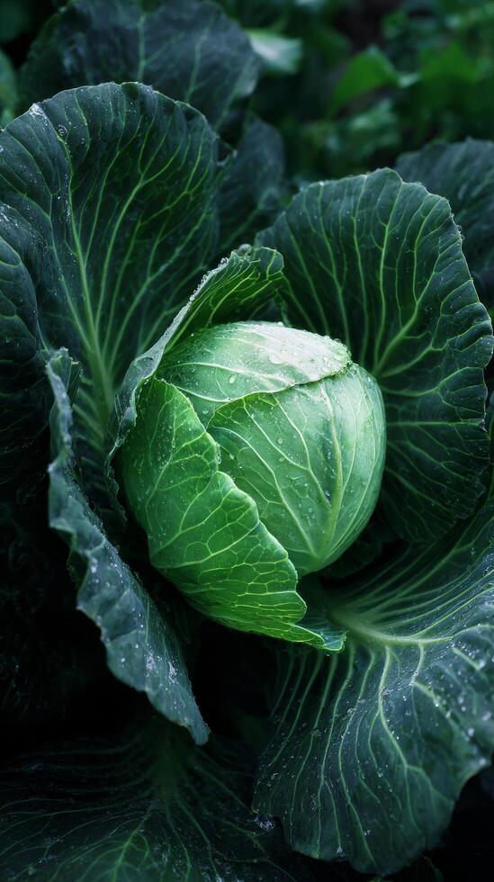 Fresh Green Cabbage Growing in a Lush Garden Surrounded by Vibrant Leaves. photo