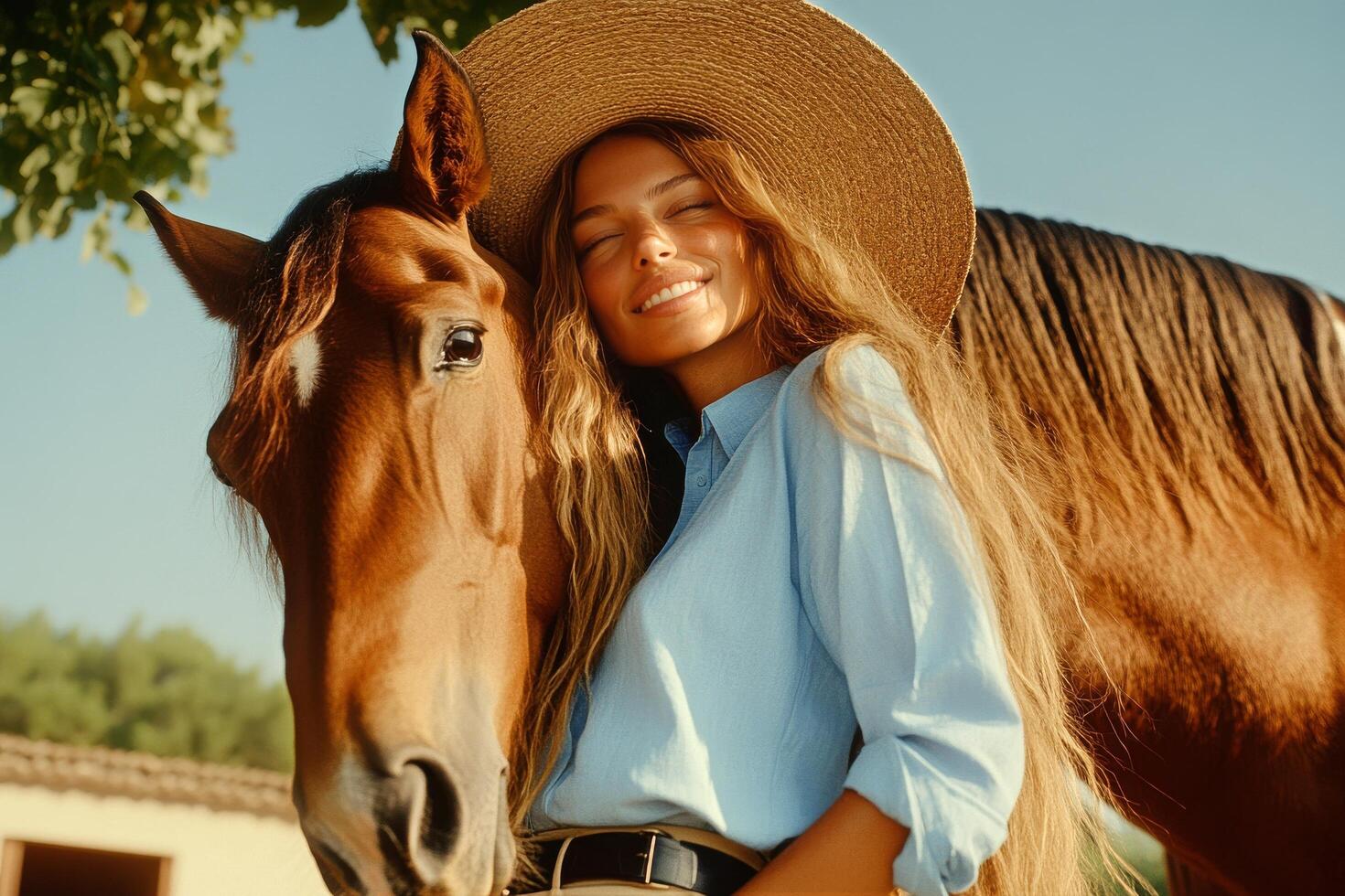 Young Woman Enjoys a Sunny Day With Her Horse in a Rural Setting Near a Stable photo