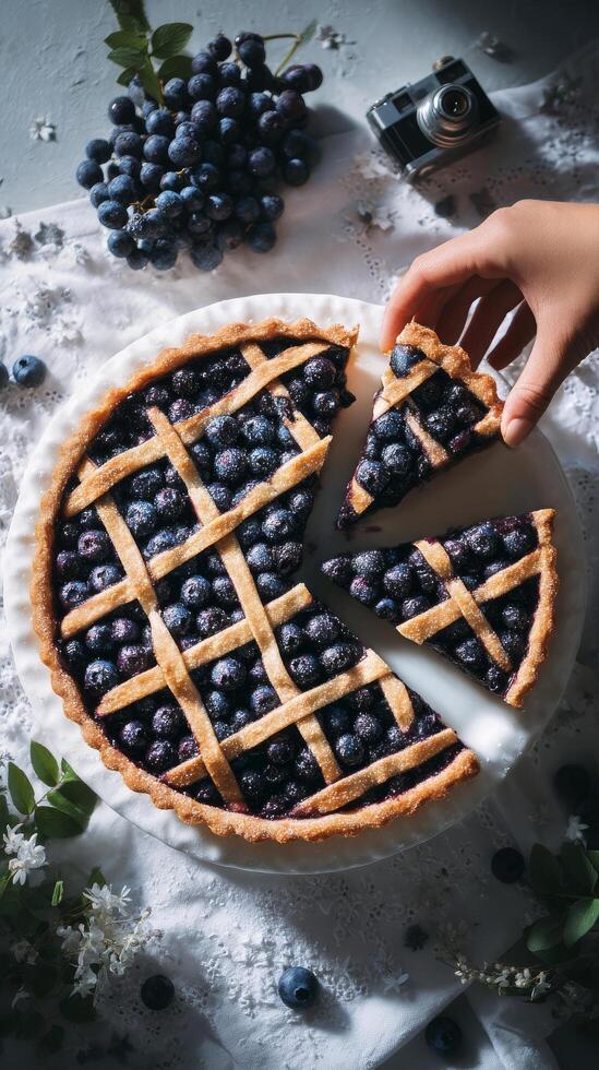 Hand Reaching for a Slice of Blueberry Pie on a Textured Surface With Fresh Berries Nearby photo