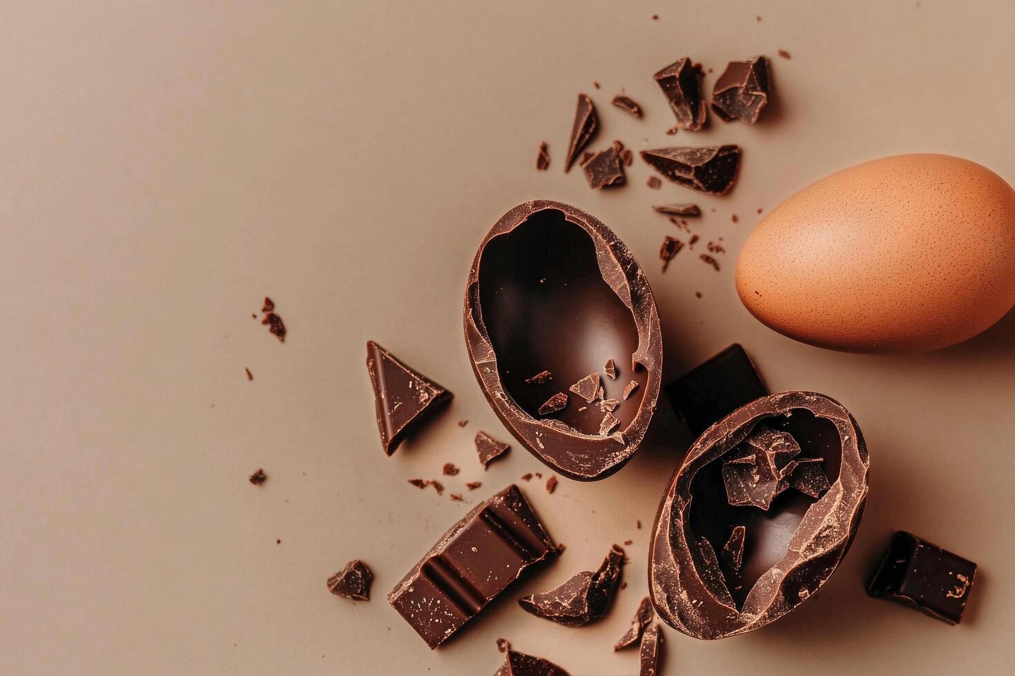 Chocolate Egg Halves With Broken Pieces on a Light Brown Surface photo