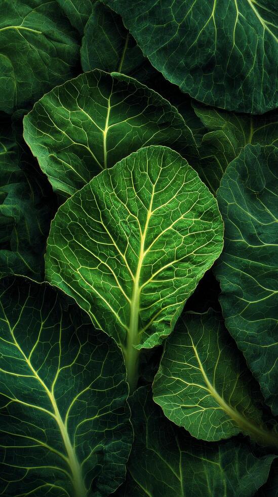 Fresh Green Cabbage Leaves Arranged in a Vibrant Display on a Farm During the Summer Season. photo