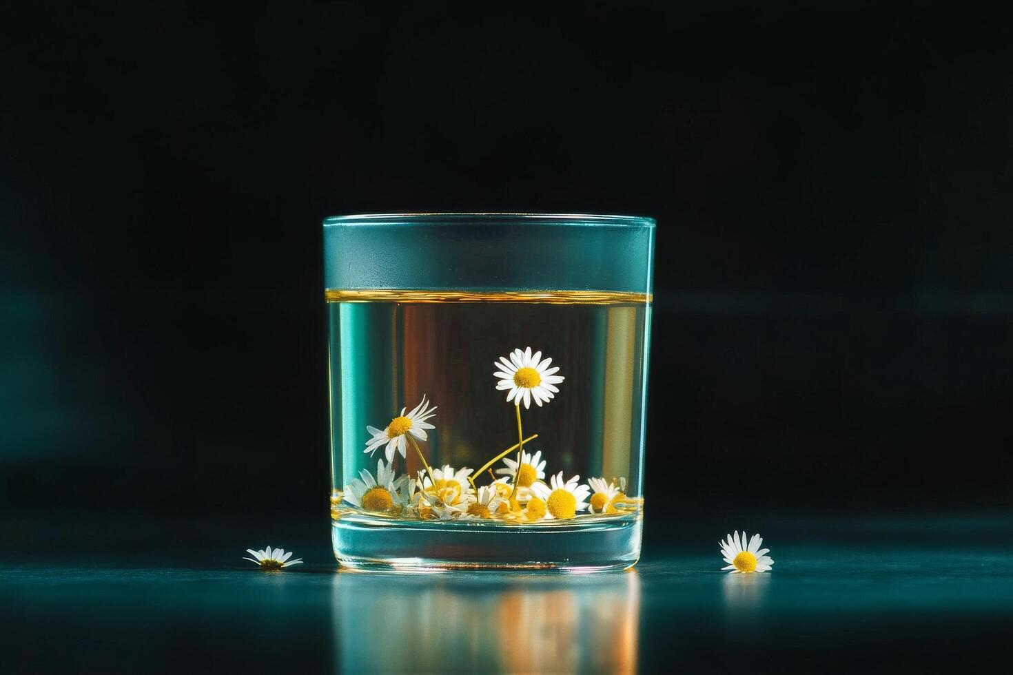 Herbal Tea in a Clear Glass Mug With Chamomile Flowers Floating and Green Leaves Surrounding. photo