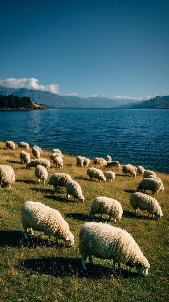 Grazing Sheep Along a Peaceful Lake in the Mountains on a Clear Day. photo