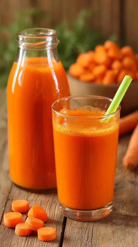 Freshly Prepared Carrot Juice With Whole Carrots on a Rustic Wooden Table in Natural Light. photo