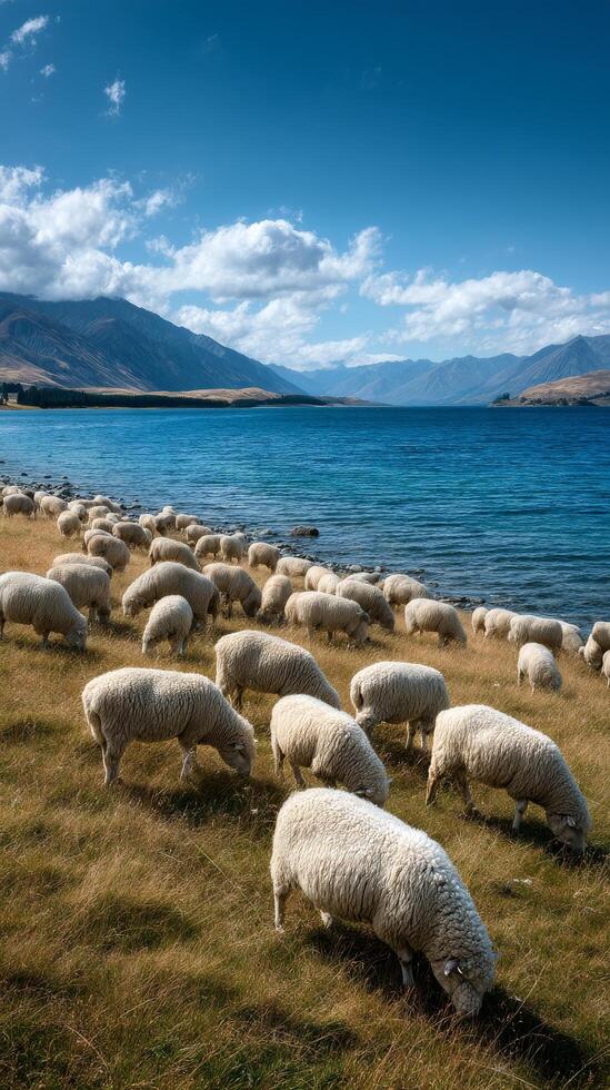 Flocks of Sheep Grazing by a Serene Lake Under a Blue Sky in a Mountainous Landscape photo