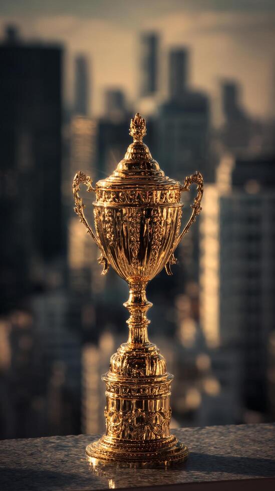 Majestic Golden Trophy Stands on Display Against a City Skyline at Sunset photo