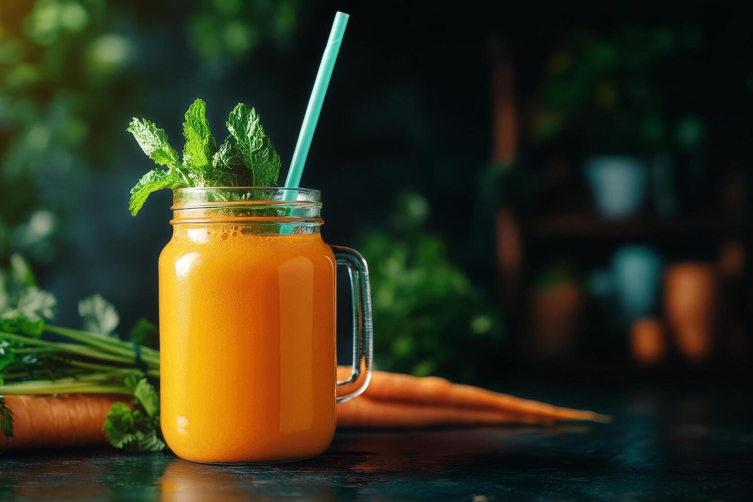 Fresh Carrot Juice Served in a Mason Jar With Mint Leaves and Carrots on Wooden Table. photo