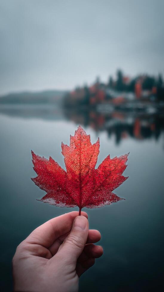 Hand Holding Vibrant Red Maple Leaf Near Tranquil Lake With Autumn Foliage in the Background photo