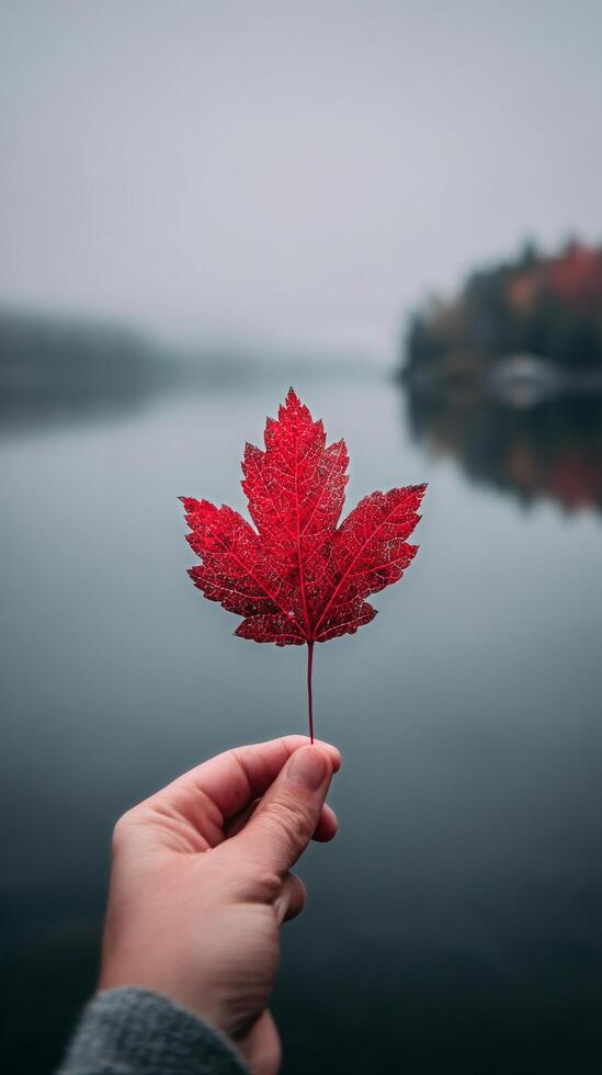 Hand Holding Vibrant Red Maple Leaf Near Tranquil Lake With Autumn Foliage in the Background. photo