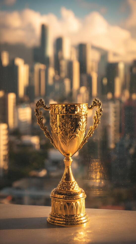 Majestic Golden Trophy Stands on Display Against a City Skyline at Sunset. photo