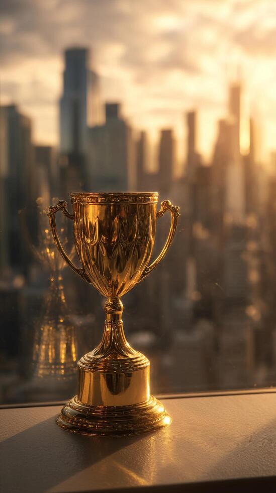 Golden Trophy Displayed Against a City Skyline During Sunset photo